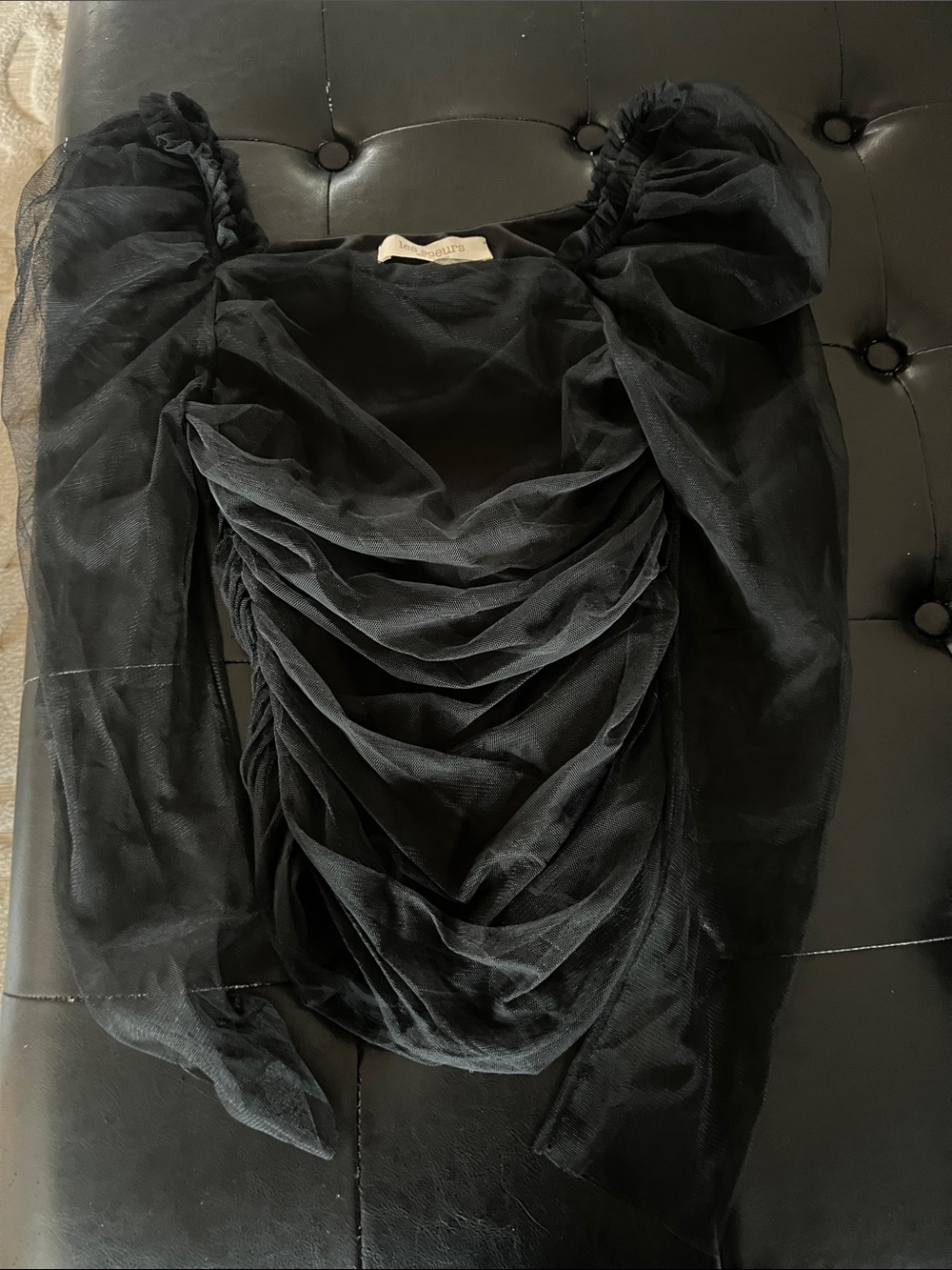 Black Sheer Ruched Long-Sleeve Dress